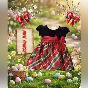 BONNIE JEAN SPECIAL OCCASION DRESS BLK VELVET W RED GREEN GOLD METALLIC PLAID